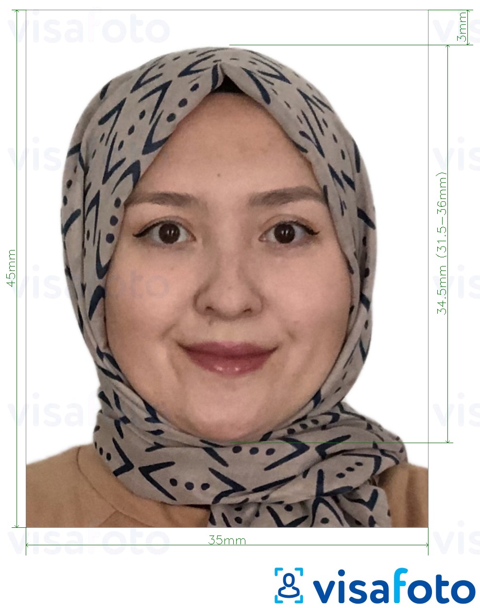 Primjer fotografije za Afganistanska viza 35x45 mm (3,5x4,5 cm) s točno određenom veličinom