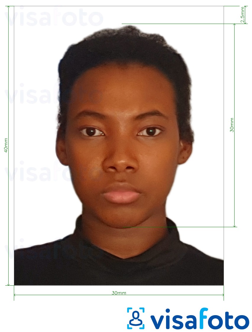 Primjer fotografije za Angola viza 3x4 cm (30x40 mm) s točno određenom veličinom