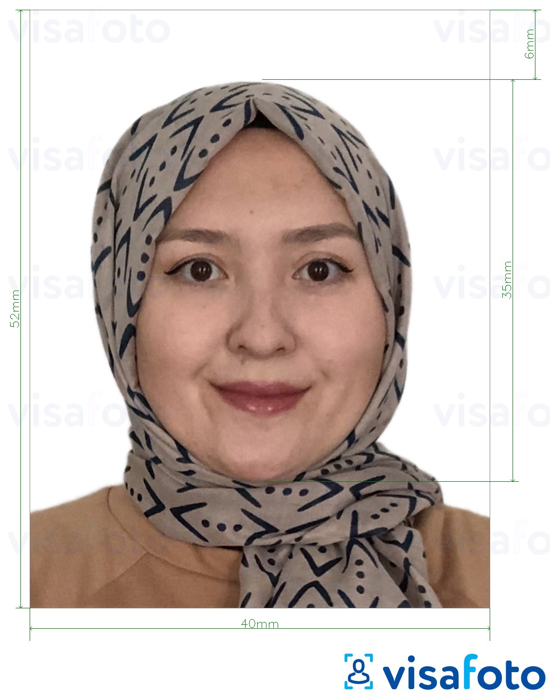 Primjer fotografije za Brunejska putovnica 5,2x4 cm (52x40 mm) s točno određenom veličinom