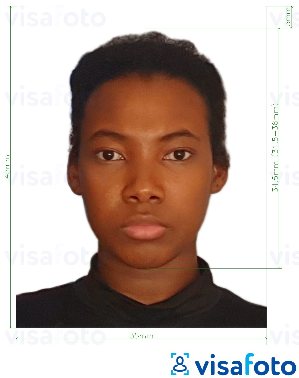Primjer fotografije za Putovnica za Demokratsku Republiku Kongo 35x45 mm (3,5x4,5 cm) s točno određenom veličinom