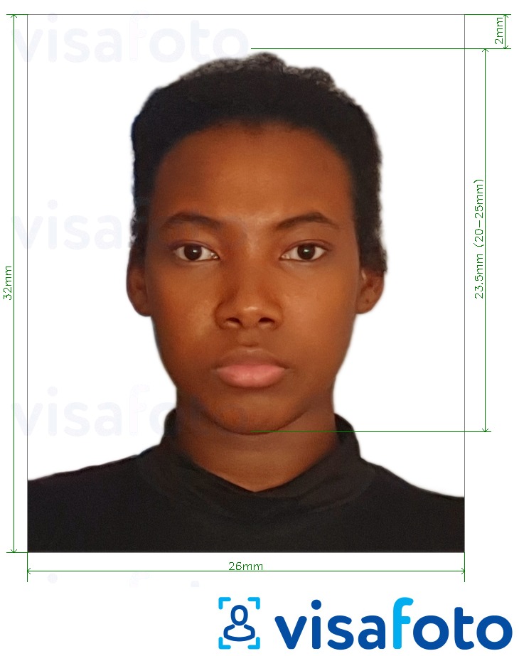 Primjer fotografije za Gvajana putovnica 32 x 26 mm (1,26 x 1,02 inča) s točno određenom veličinom