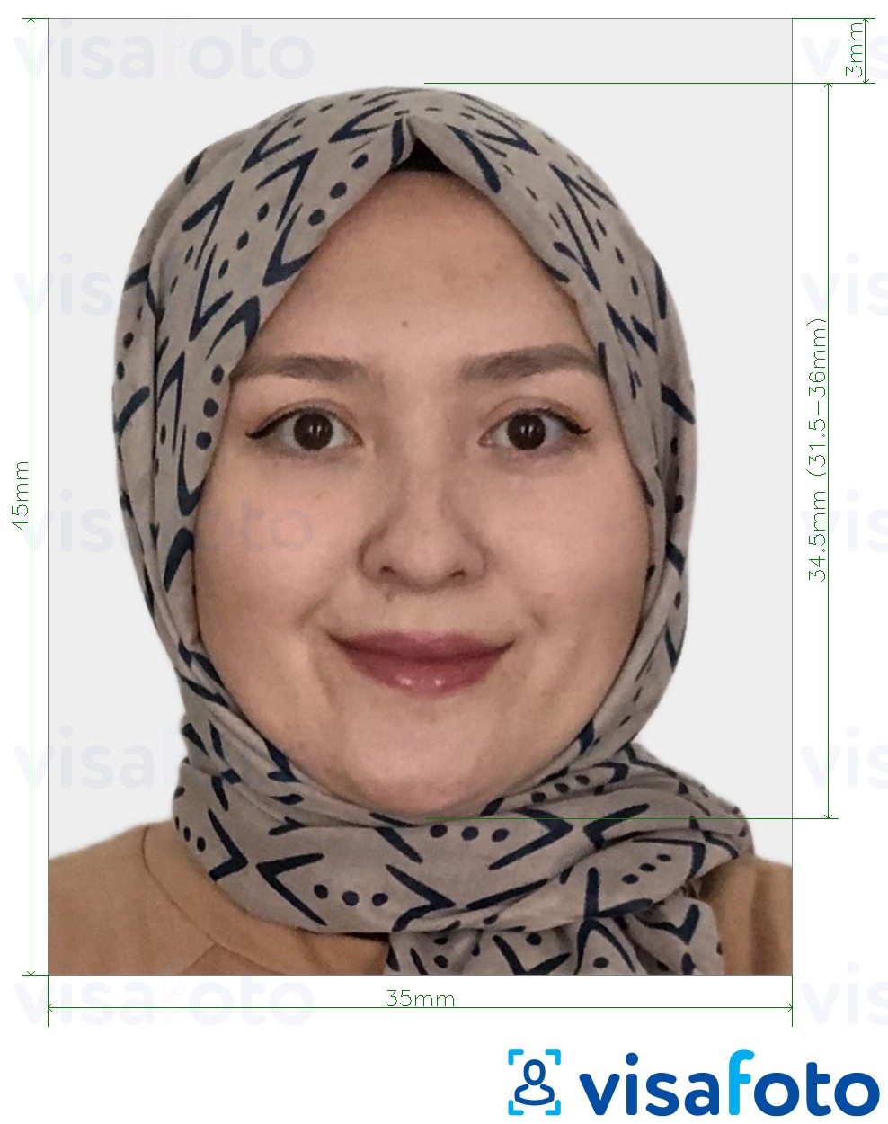 Primjer fotografije za Kirgistanska viza 35x45 mm (3,5x4,5 cm) s točno određenom veličinom