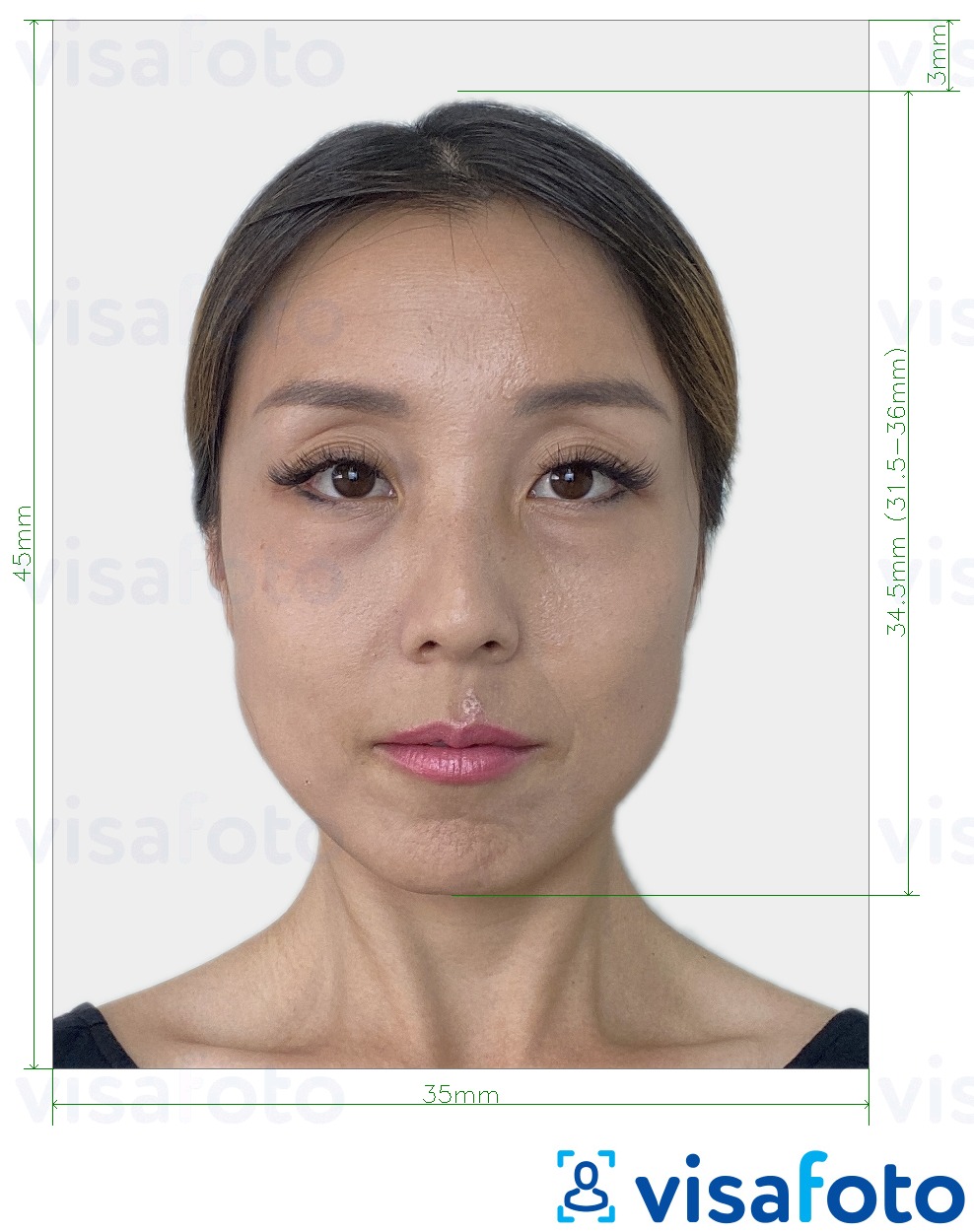 Primjer fotografije za Južna Koreja putovnica 35x45 mm (3.5x4.5 cm) s točno određenom veličinom