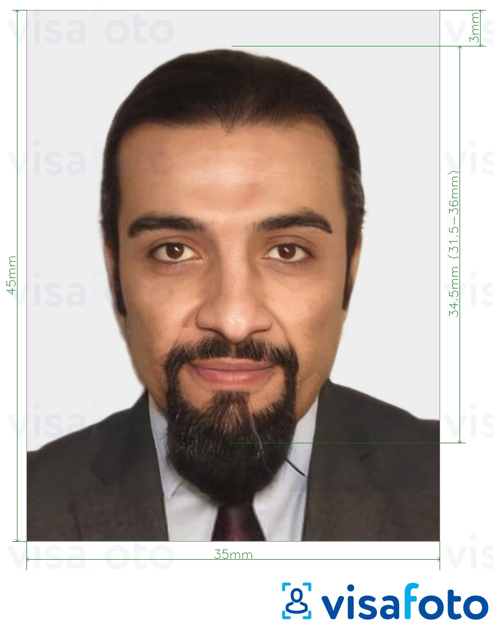Primjer fotografije za Mauritanska viza 35x45 mm (3,5x4,5 cm) s točno određenom veličinom