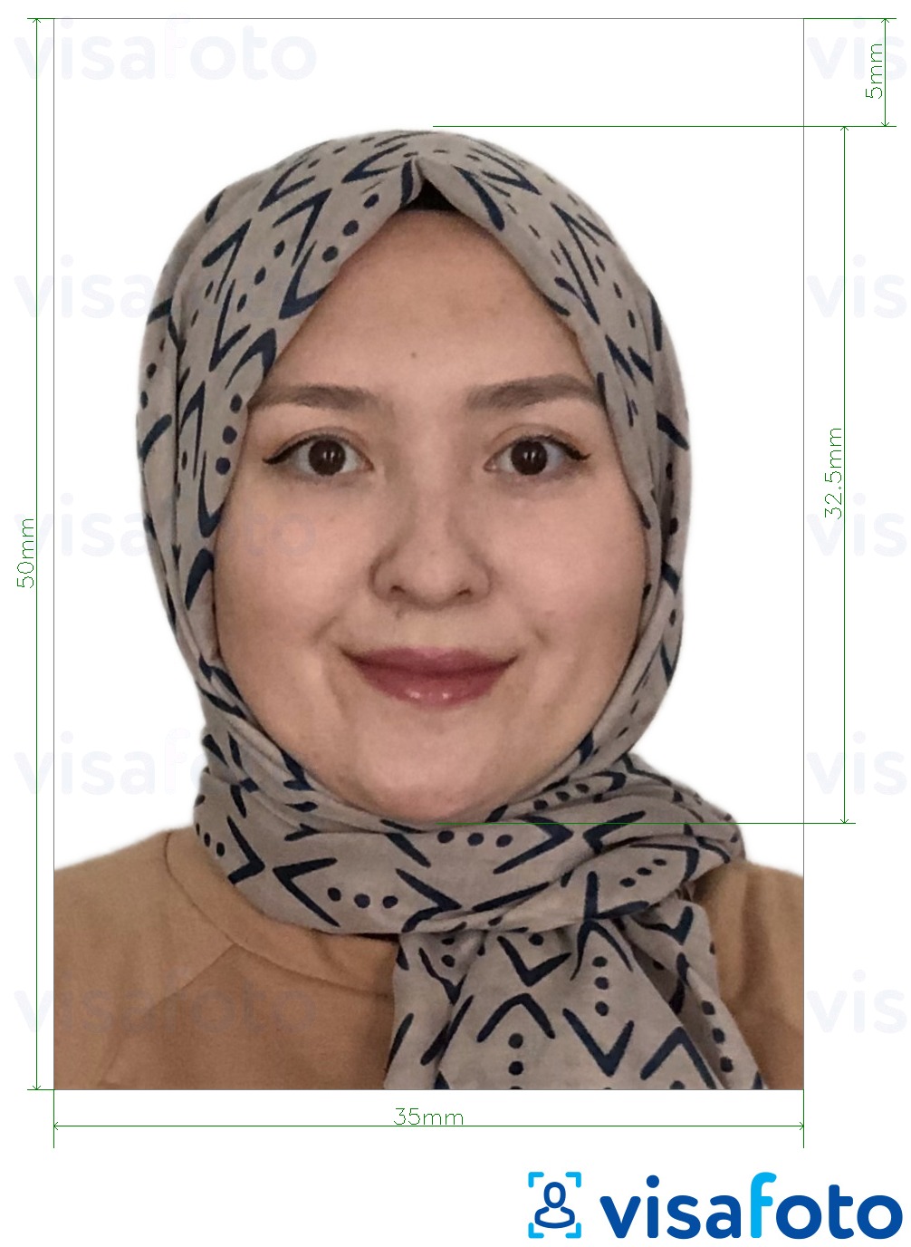 Primjer fotografije za Malezija eVisa online aplikacija 35x50 mm s točno određenom veličinom
