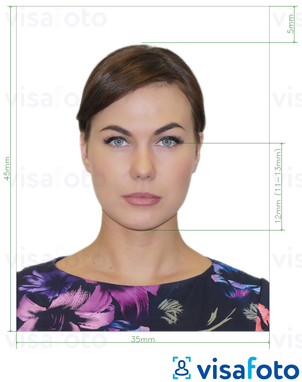 Primjer fotografije za Rusija Putovnica (oči na dnu brade 12 mm), 35x45 mm s točno određenom veličinom