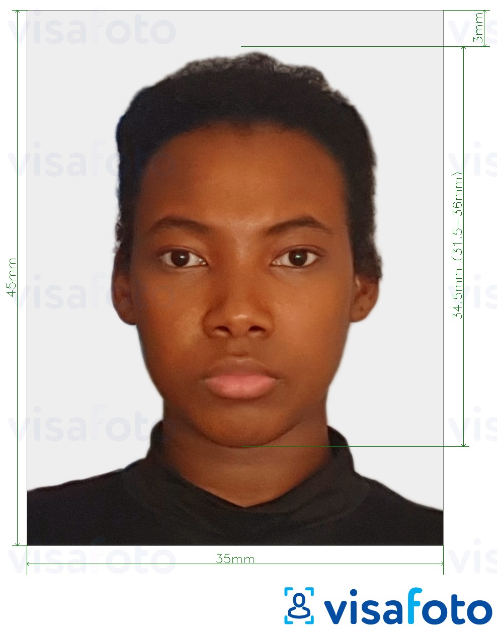 Primjer fotografije za Sierra Leone viza 35x45 mm (3,5x4,5 cm) s točno određenom veličinom