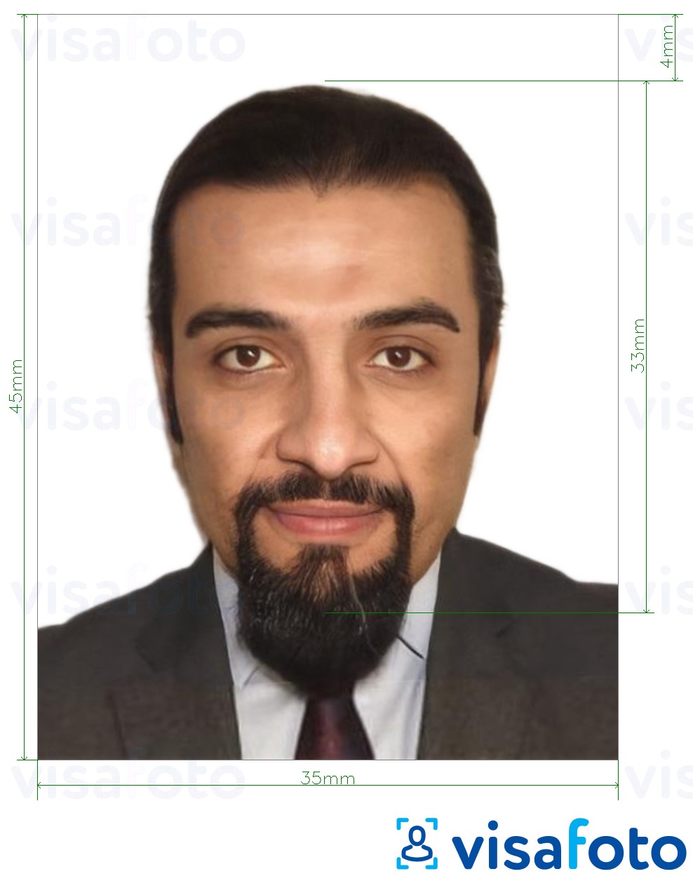 Primjer fotografije za Tuniska viza 3,5x4,5 cm (35x45 mm) s točno određenom veličinom