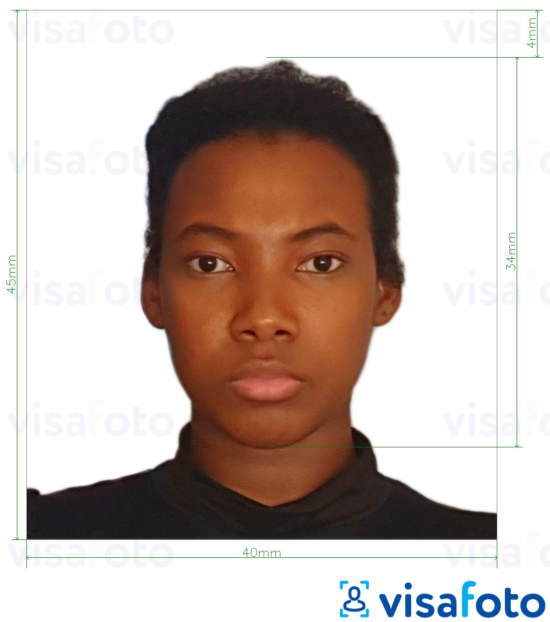 Primjer fotografije za Tanzanijska viza 40x45 mm (4x4,5 cm) s točno određenom veličinom